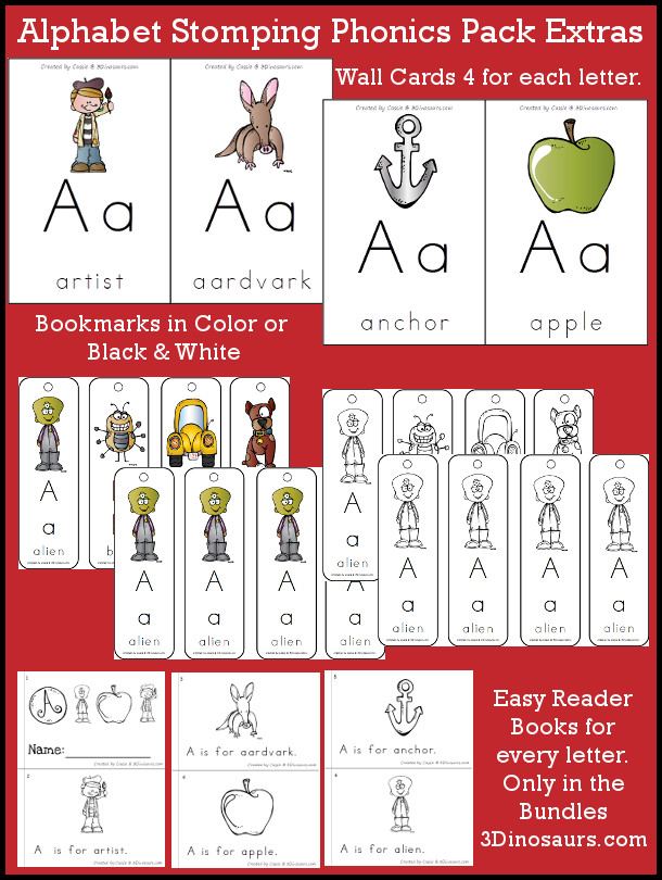 Alphabet Stomping Phonics Packs - 2 Different level of phonics based packs: Tot-Preschool or PreK-Kinder - 3Dinosaurs.com