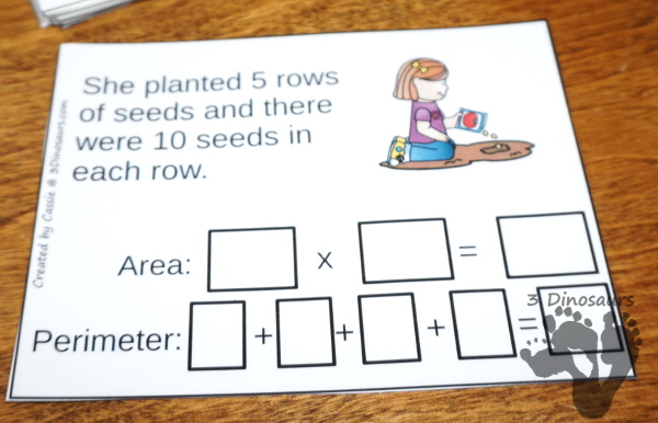 Free Garden Themed Area & Perimeter Cards - with fill in for area and perimeter there are 4 pages of printables - 3Dinosaurs.com