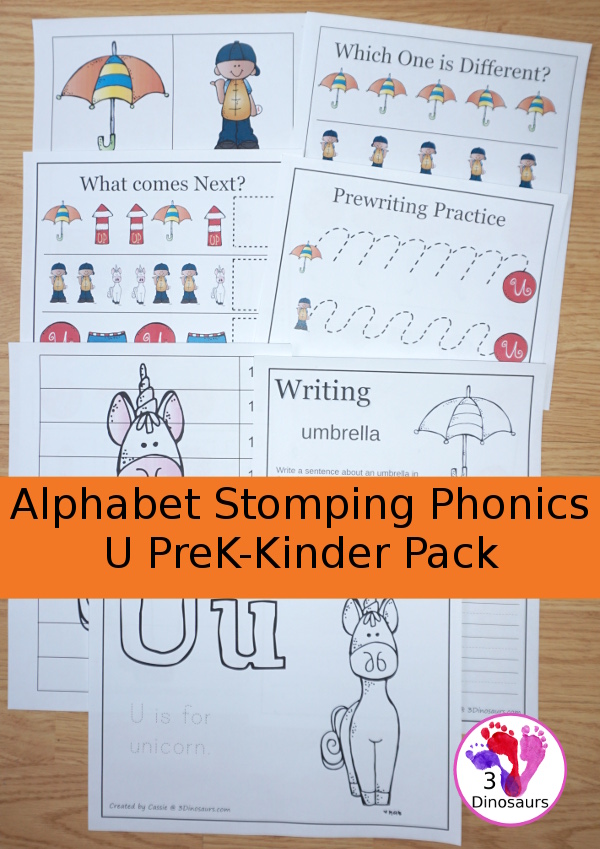 Free Alphabet Stomping Phonics U Prek-Kinder Pack - 30 pages of printables - 3Dinosaurs.com