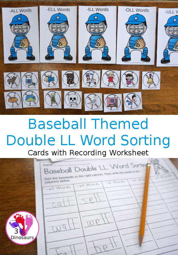 Free Fun Hands-On Baseball Double LL Sorting - 15 cards to sort with recording worksheet for kids to learn double LL ending words - 3Dinosaurs.com