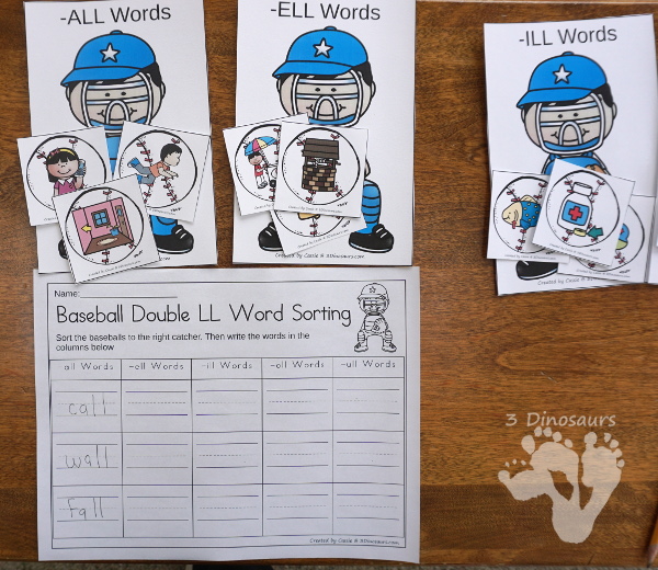 Free Fun Hands-On Baseball Double LL Sorting - 15 cards to sort with recording worksheet for kids to learn double LL ending words - 3Dinosaurs.com