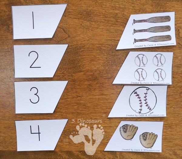 Free Hands-On Counting With Baseball Number Matching Puzzles - 2 piece puzzles with numbers 1 to 20 matching puzzles  - 3Dinosaurs.com