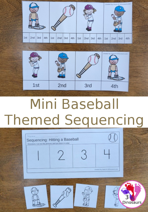 Free Mini Baseball Themed Sequencing -  with clip cards, writing and cut and paste $ - 3Dinosaurs.com #printablesforkids #sequencingforkids #springprintables  #baseball