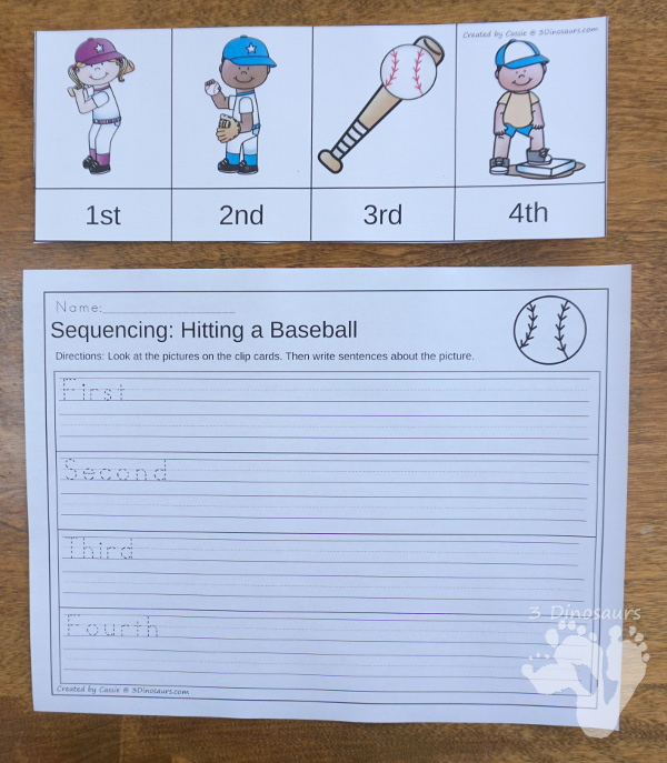 Free Mini Baseball Themed Sequencing -  with clip cards, writing and cut and paste $ - 3Dinosaurs.com #printablesforkids #sequencingforkids #springprintables  #baseball