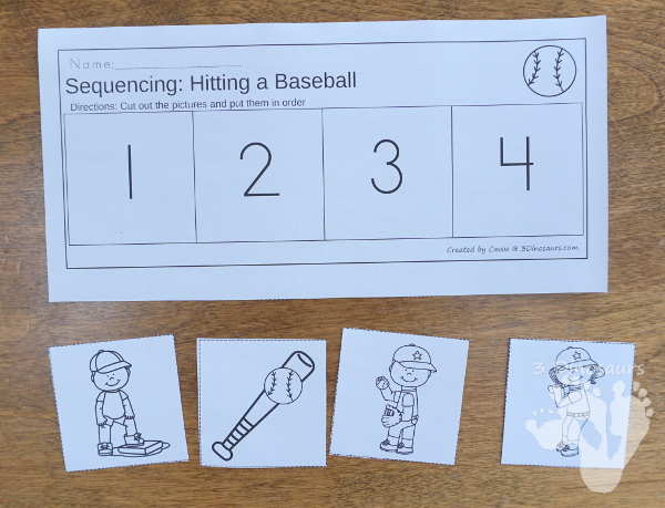 Free Mini Baseball Themed Sequencing -  with clip cards, writing and cut and paste $ - 3Dinosaurs.com #printablesforkids #sequencingforkids #springprintables  #baseball