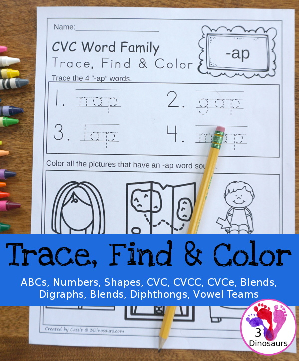 Easy No-Prep Trace Find & Color Printables for CVC Word Family, CVCC Word Family, CVCe Word Family, Blends, Digraphs, Diphthongs, and Vowel Teams $ - 3Dinosaurs.com #printablesforkids #noprep #learningtoread #tpt #teacherspayteachers