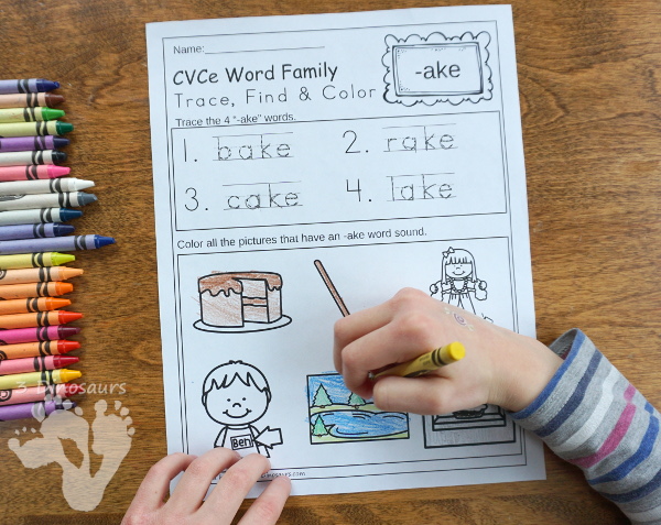 Easy No-Prep Trace Find & Color Printables for CVC Word Family, CVCC Word Family, CVCe Word Family, Blends, Digraphs, Tripgrah, Diphthongs, and Vowel Teams $ - 3Dinosaurs.com #printablesforkids #noprep #learningtoread #tpt #teacherspayteachers