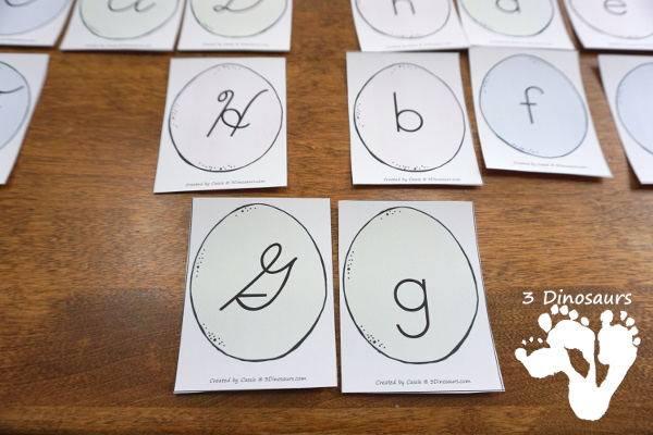 Free Easter Egg ABC Tracing & Matching: Print & Cursive - all 26 letters with uppercase and lowercase cards in print and cursive for different levels of learning fun. It also included tracing options - 3Dinosaurs.com
