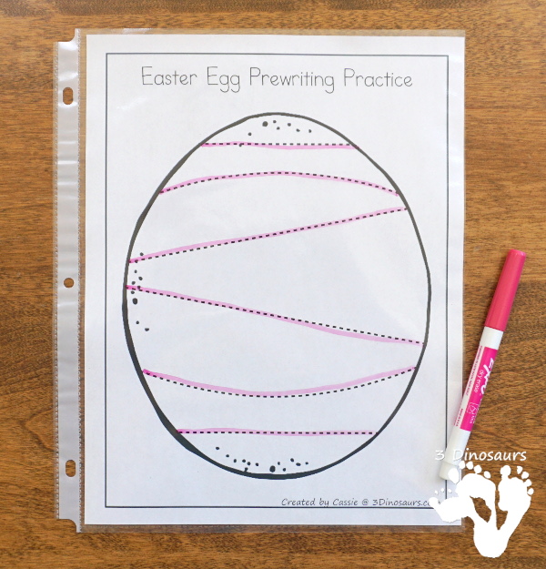 Free Easter Egg Theme Prewriting - 8 fun pages with an Easter egg theme for kids to trace and have fun doing fine motor with - 3Dinosaurs.com