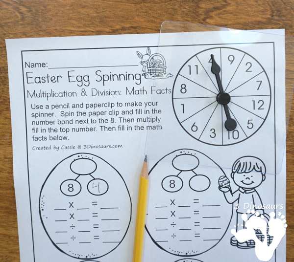 Free Easter Egg Spinning Multiplication & Division Math Facts - math facts 2 to 12 with 4 recording sheets per page with spinner - 3Dinosaurs.com