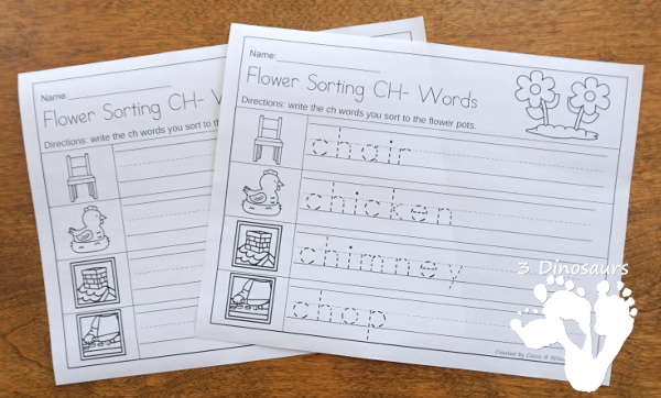 Free Flower Digraph Sorting & Worksheets - 4 beginning digraphs ch, sh, th, wh with worksheets for writing words or tracing words - 3Dinosaurs.com