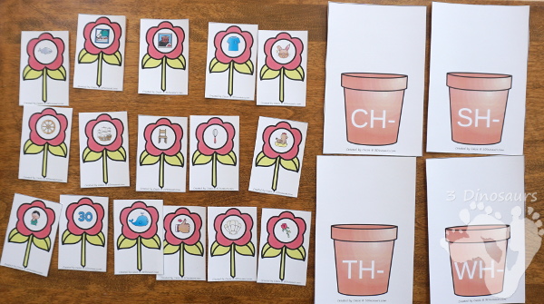 Free Flower Digraph Sorting & Worksheets - 4 beginning digraphs ch, sh, th, wh with worksheets for writing words or tracing words - 3Dinosaurs.com