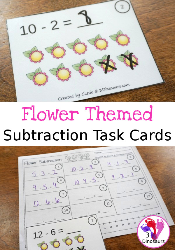 Free Flower Subtraction Task Cards - 12 cards done two different ways with a recording sheet - 3Dinosaurs.com