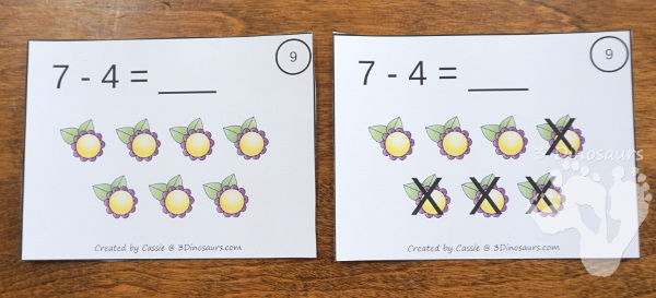 Free Flower Subtraction Task Cards - 12 cards done two different ways with a recording sheet - 3Dinosaurs.com