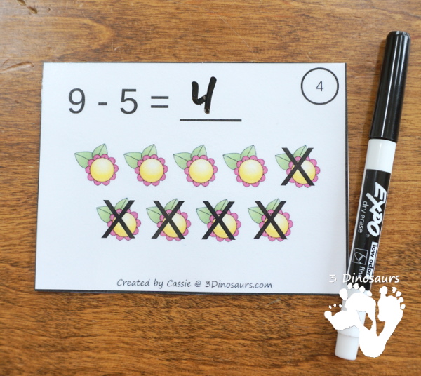 Free Flower Subtraction Task Cards - 12 cards done two different ways with a recording sheet - 3Dinosaurs.com