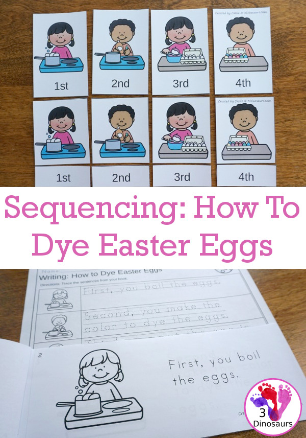 Sequencing: How to Dye Easter Eggs with clip cards, task cards, no-prep worksheets and easy reader books $ - 3Dinosaurs.com #printablesforkids #sequencingforkids #easter #springprintables #tpt #teacherspayteachers