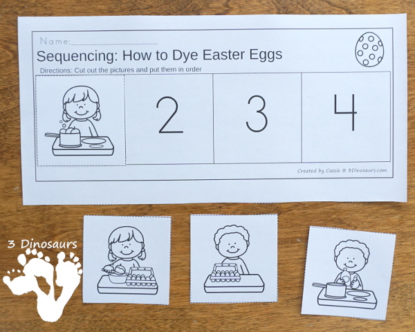 Sequencing: How to Dye Easter Eggs with clip cards, task cards, no-prep worksheets and easy reader books $ - 3Dinosaurs.com #printablesforkids #sequencingforkids #easter #springprintables #tpt #teacherspayteachers