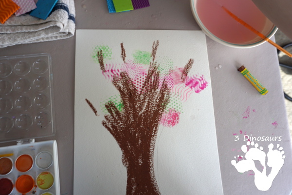 Texture Watercolor Spring Tree Painting - a fun painting activity with textures to make a fun spring themed tree - 3Dinosaurs.com