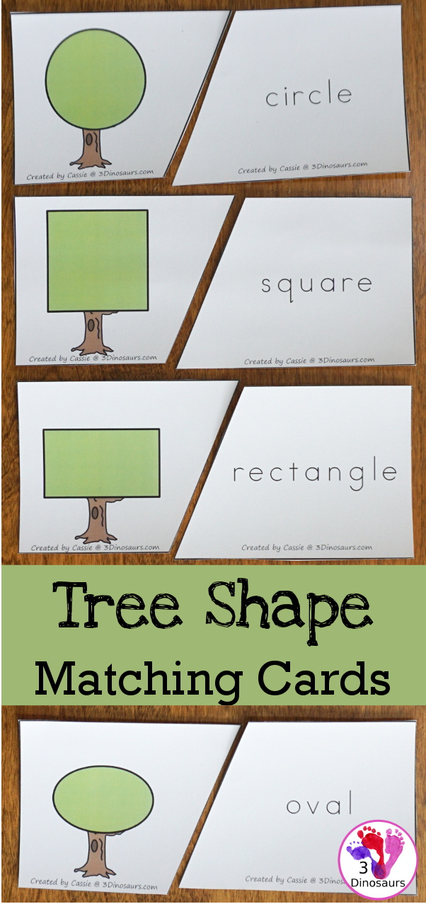 Free Tree Shape Matching Cards - 12 shape matching cards for kids to use with tree made from shapes - 3Dinosaurs.com