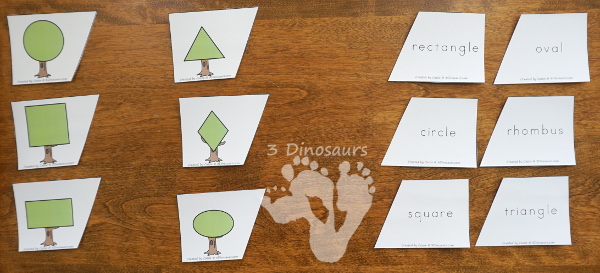 Free Tree Shape Matching Cards - 12 shape matching cards for kids to use with tree made from shapes - 3Dinosaurs.com