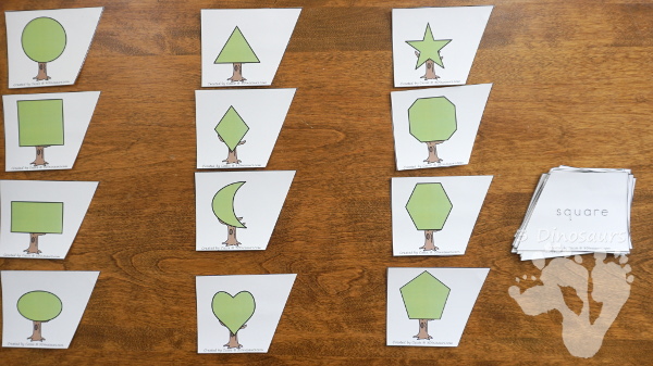 Free Tree Shape Matching Cards - 12 shape matching cards for kids to use with tree made from shapes - 3Dinosaurs.com