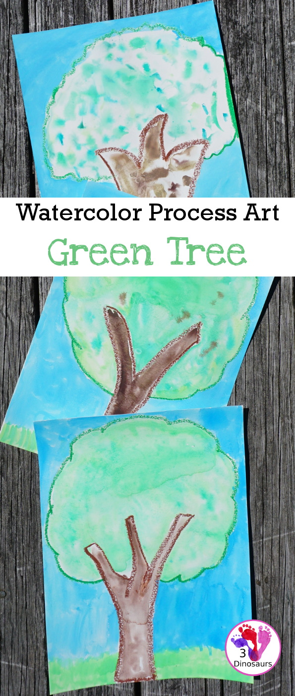 Watercolor Process Art Green Tree - a fun way to do a  watercolors and oil pastels painting of a green tree for Earth Day or Arbor Day - 3Dinosaurs.com