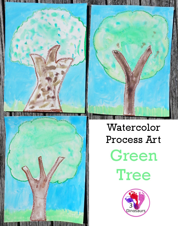 Watercolor Process Art Green Tree - a fun way to do watercolors and oil pastels painting of a green tree for Earth Day or Arbor Day - 3Dinosaurs.com