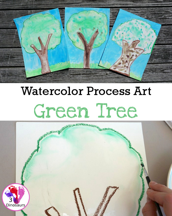 Watercolor Process Art Green Tree - a fun way to do a  watercolors and oil pastels painting of a green tree for Earth Day or Arbor Day - 3Dinosaurs.com