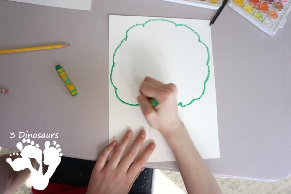 Watercolor Process Art Green Tree - a fun way to do a  watercolors and oil pastels painting of a green tree for Earth Day or Arbor Day - 3Dinosaurs.com