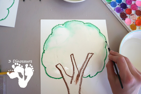 Watercolor Process Art Green Tree - a fun way to do a  watercolors and oil pastels painting of a green tree for Earth Day or Arbor Day - 3Dinosaurs.com