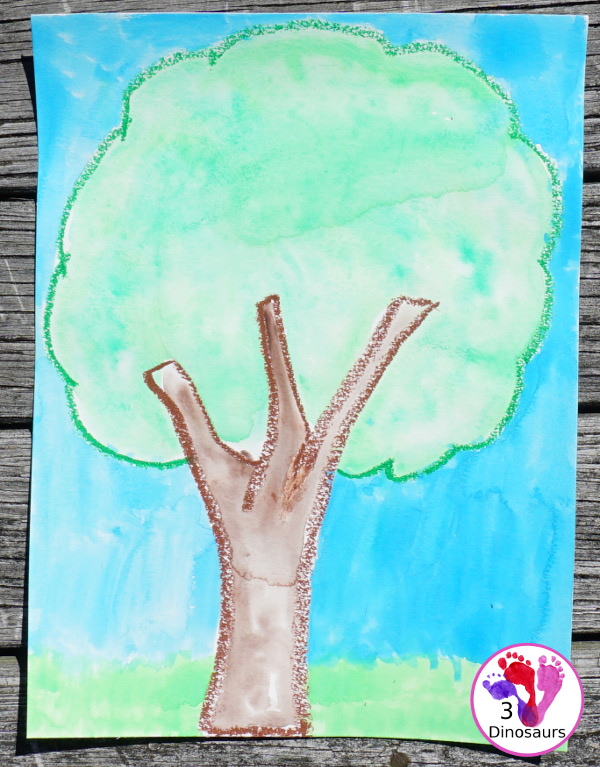 Watercolor Process Art Green Tree - a fun way to do watercolors and oil pastels painting of a green tree for Earth Day or Arbor Day - 3Dinosaurs.com