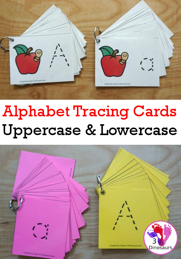 Free Handwriting: ABC Tracing Cards - uppercase and lowercase options with and without pictures for working on tracing letters- 3Dinosaurs.com