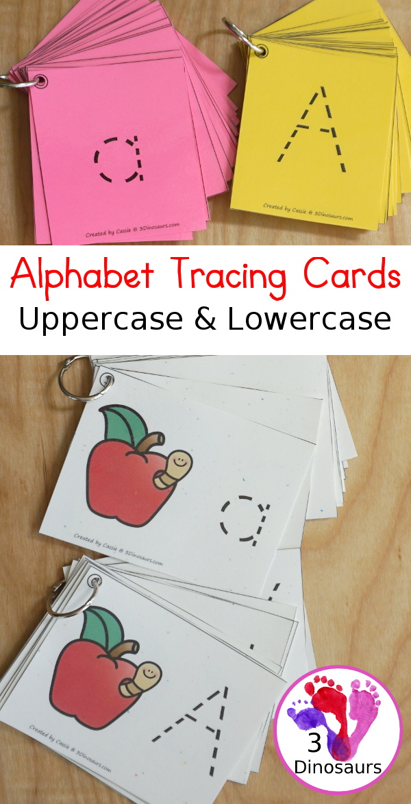 Free Handwriting: ABC Tracing Cards - uppercase and lowercase options with and without pictures for working on tracing letters- 3Dinosaurs.com