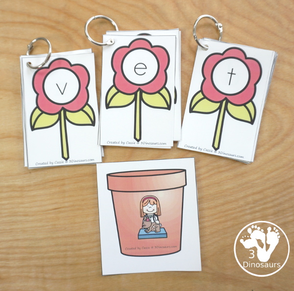 Free CVC Flower Pot Matching Printable - 18 flower posts with matching letters for the CVC pictures on the flower pots- 3Dinosaurs.com