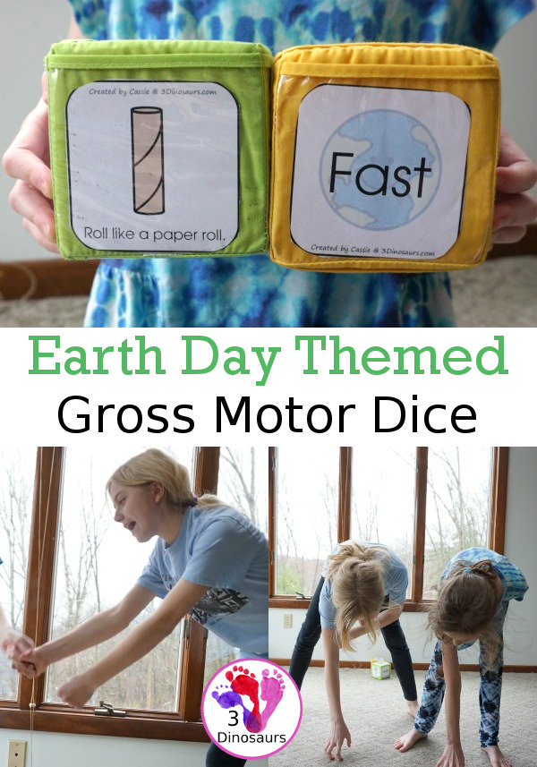 Free Earth Day Themed Gross Motor Dice - 6 movements and speed dice for kids to have fun with - 3Dinosaurs.com #earthday #grossmotor #3dinosaurs #freeprintable