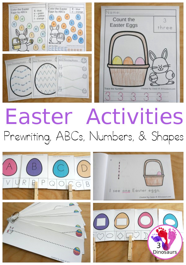 Easter Activities Pack with Prewriting, Shapes, ABCs, and Numbers - 191 pages of activities with no-prep pages, clip cards and tracing strips to help with learning skills with cute Easter Egg - 3Dinosaurs.com