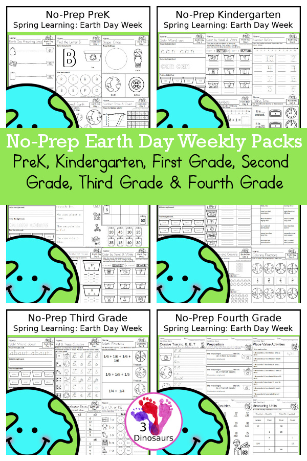 Earth Day Day No-Prep Weekly Packs PreK, Kindergarten, First Grade, Second Grade, Third Grade & Fourth Grade with 5 days of activities to do for each grade level - You will find math, language, and more - These are easy to use packs for homework, distance learning, and morning work. Easy no-prep printables for Earth Day - You have recycling, trees and a lot of earth day themes in the packs. - 3Dinosaurs.com