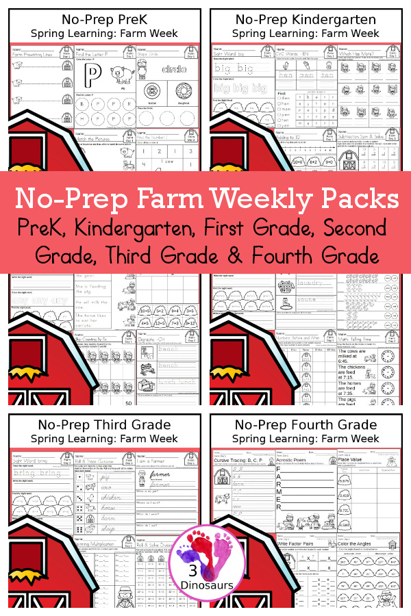 Farm No-Prep Weekly Packs PreK, Kindergarten, First Grade, Second Grade, Third Grade & Fourth Grade with 5 days of activities to do for each grade level - You will find math, language, and more - These are easy to use packs for homework, distance learning, early finisher, and morning work. Easy no-prep printables for kids - 3Dinosaurs.com