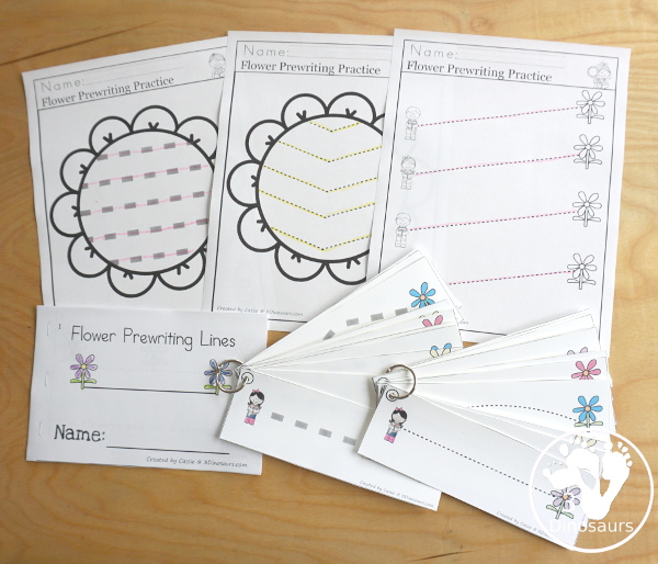 Flower Activity Pack: Prewriting printables - prewriting no-prep worksheets, prewriting easy reader book, prewriting tracing strips with two line types for kids for spring with fun flowers.  - 3Dinosaurs.com