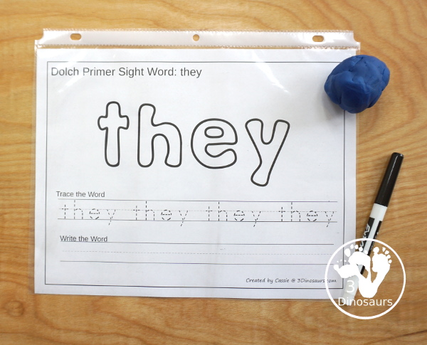Free Dolch Primer Sight Words Playdough Mats with Tracing - 52 free sight word play-doh mats for kids to learn their sight words with playdough sight word, tracing the word and write the sight word - 3Dinosaurs.com