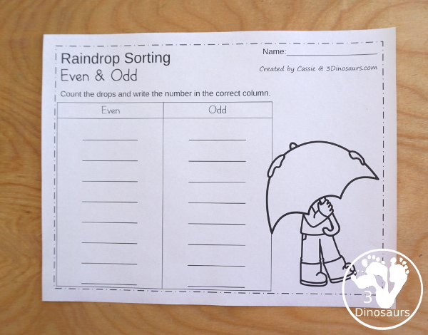 Free Hands-On Even and Odd Sorting Raindrops - Counting and sorting raindrops by even and odd with a recording sheet - 3Dinosaurs.com