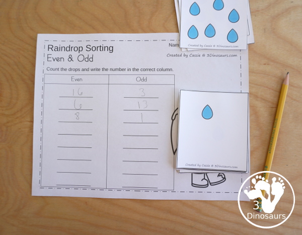 Free Hands-On Even and Odd Sorting Raindrops - Counting and sorting raindrops by even and odd with a recording sheet - 3Dinosaurs.com