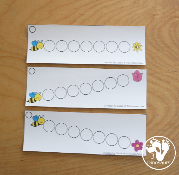 Free Bee Dot Marker Prewriting Printable - with 12 dot marker prewriting strips to use with kids in different dot marker lines that are great for younger hands to build fine motor skills. - 3Dinosaurs.com