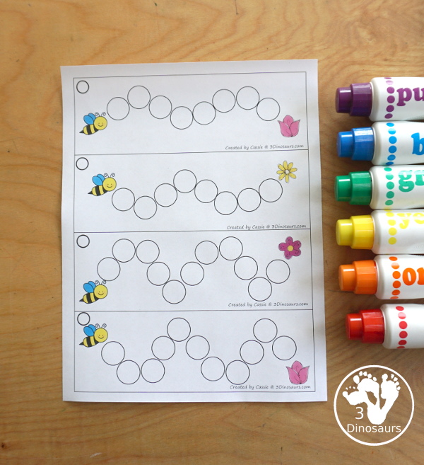 Free Bee Dot Marker Prewriting Printable - with 12 dot marker prewriting strips to use with kids in different dot marker lines that are great for younger hands to build fine motor skills. - 3Dinosaurs.com