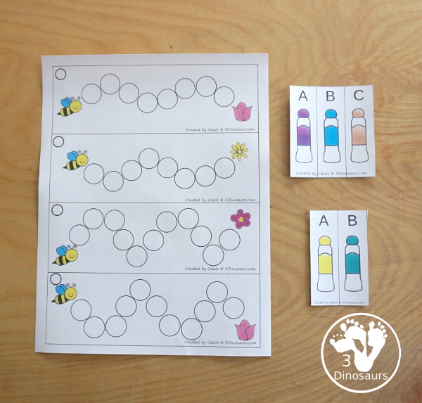 Free Bee Dot Marker Prewriting Printable - with 12 dot marker prewriting strips to use with kids in different dot marker lines that are great for younger hands to build fine motor skills. - 3Dinosaurs.com