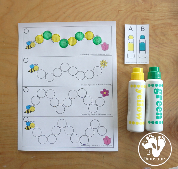 Free Bee Dot Marker Prewriting Printable - with 12 dot marker prewriting strips to use with kids in different dot marker lines that are great for younger hands to build fine motor skills. - 3Dinosaurs.com