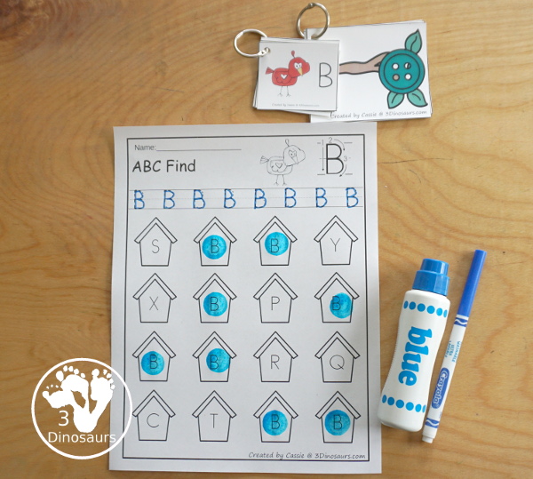 Bird ABC Letter Find Printable - with uppercase only and lowercase only printables to trace letters and then find letters on the page with a bird and birdhouse theme. It has 52 pages of printables- 3Dinosaurs.com