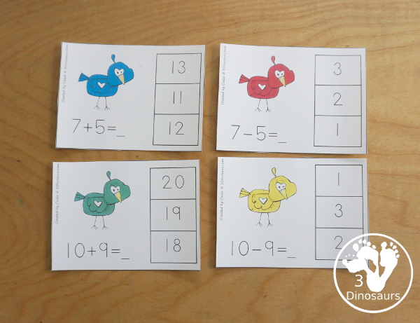 Free Bird Subtraction & Addition Clip Cards printables - with 12 addition cards and 12 subtraction cards that have similar equations with a recording sheet - 3Dinosaurs.com