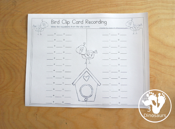 Free Bird Subtraction & Addition Clip Cards printables - with 12 addition cards and 12 subtraction cards that have similar equations with a recording sheet - 3Dinosaurs.com