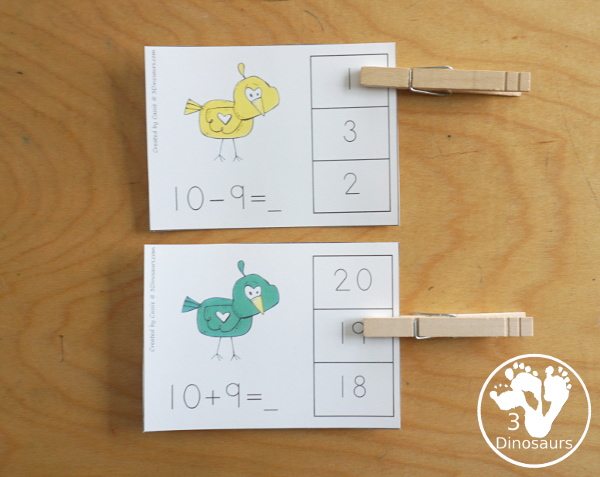 Free Bird Subtraction & Addition Clip Cards printables - with 12 addition cards and 12 subtraction cards that have similar equations with a recording sheet - 3Dinosaurs.com